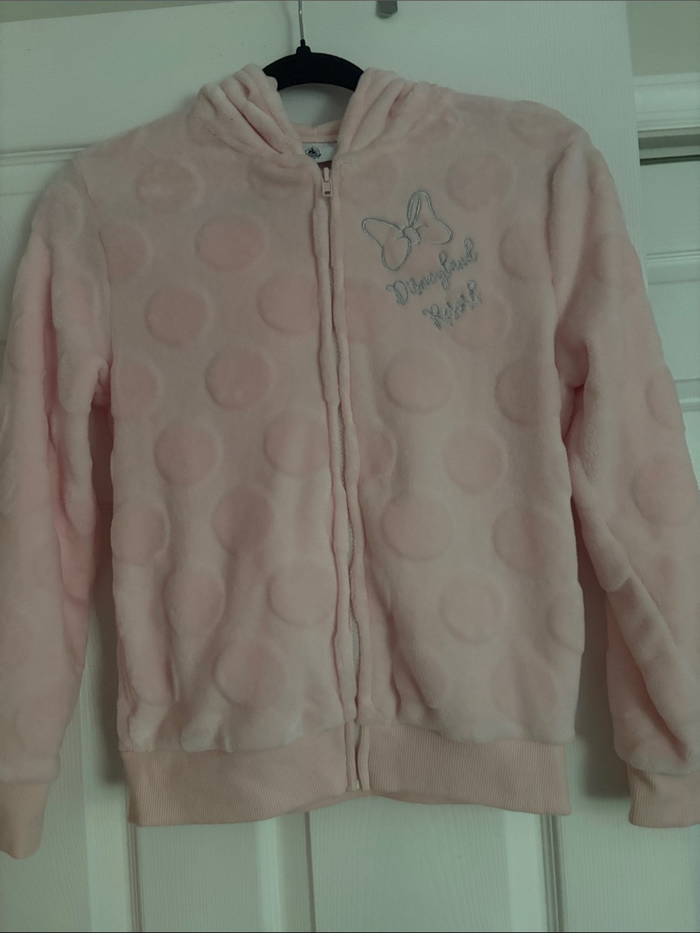 Disneyland Resort Girls Light Pink Plush Minnie, Mouse Hooded Zip-Up Sweatshirt